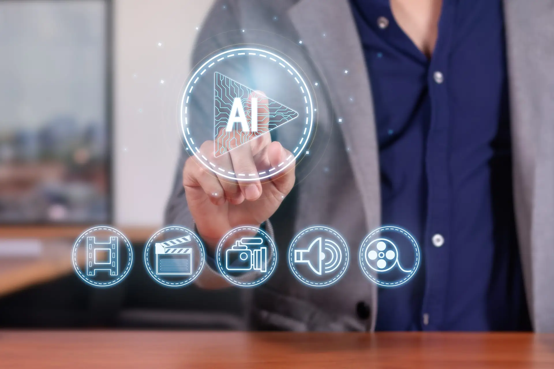 AI alati za web dizajn 2026 : čovek dodiruje virtuelni AI interfejs sa multimedia ikonama