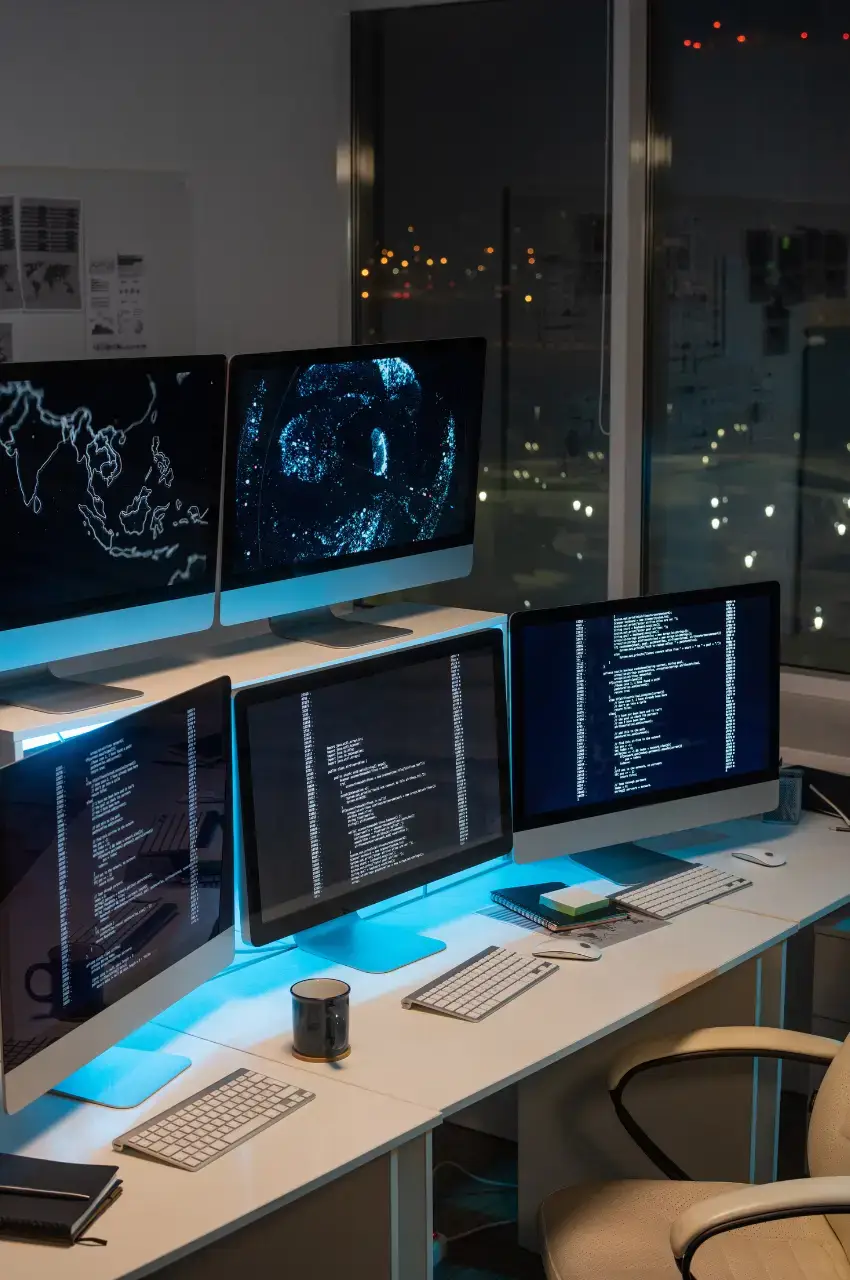 WordPress development agency workspace with multiple monitors showing code, representing Elementor and Bricks Builder expertise and 10+ years of experience